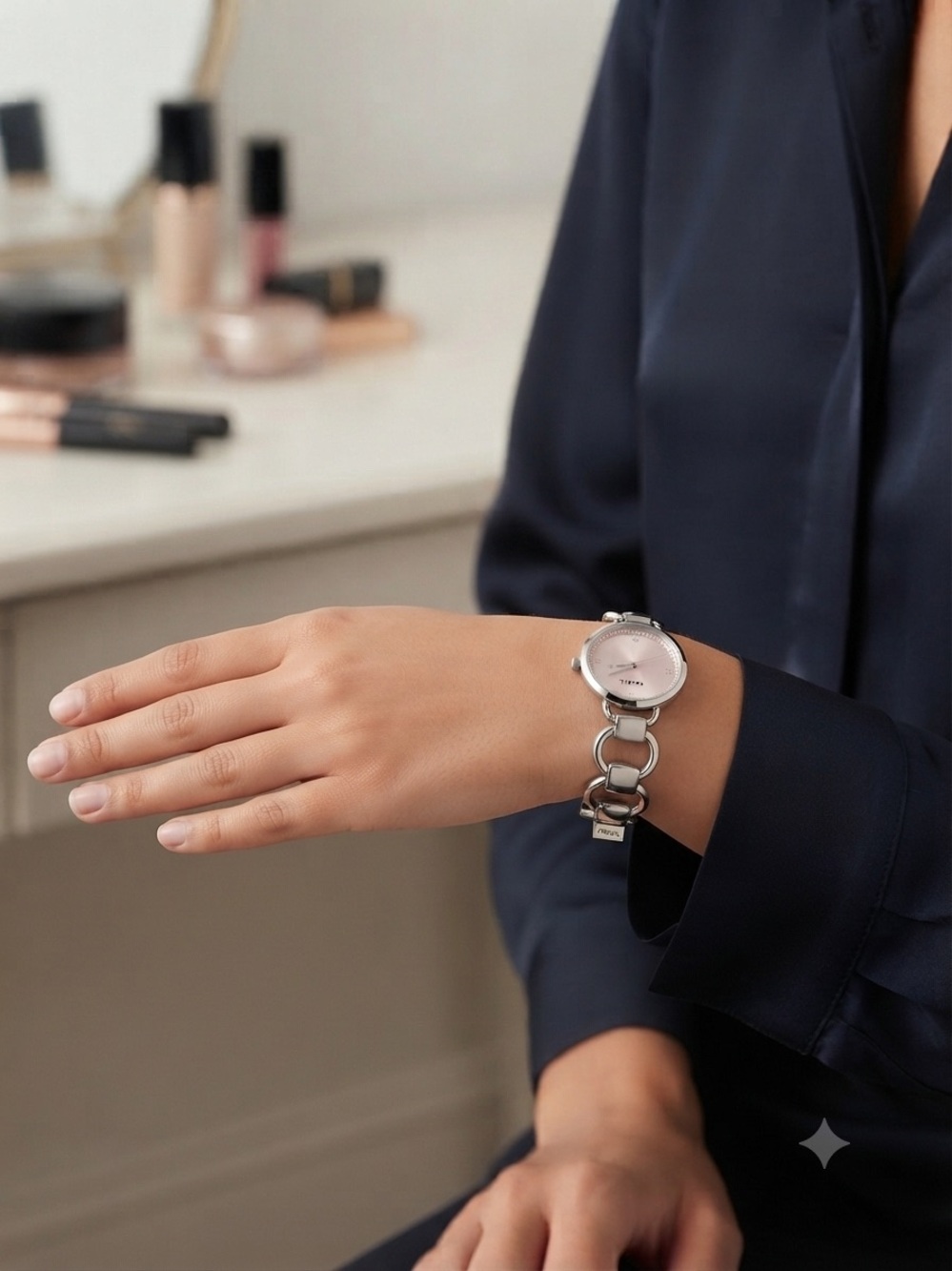 Fossil Silver Link Bracelet Watch with Pink Dial